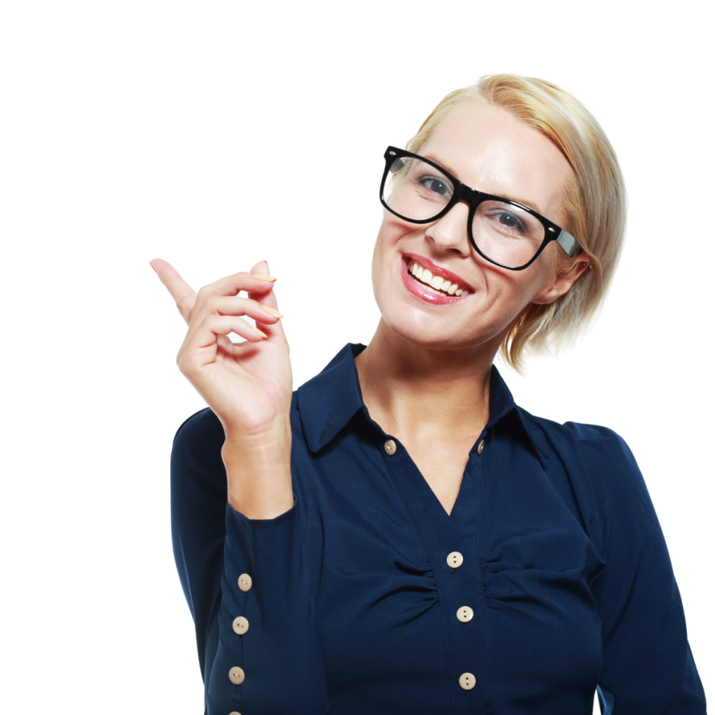 kobieta wskazująca na na lewy górny róg obrazka